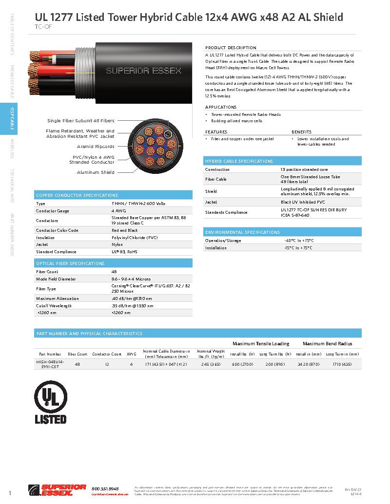 Datasheet UL Listed - Tower Hybrid - A2 AL Shield - Single Fiber Subunit